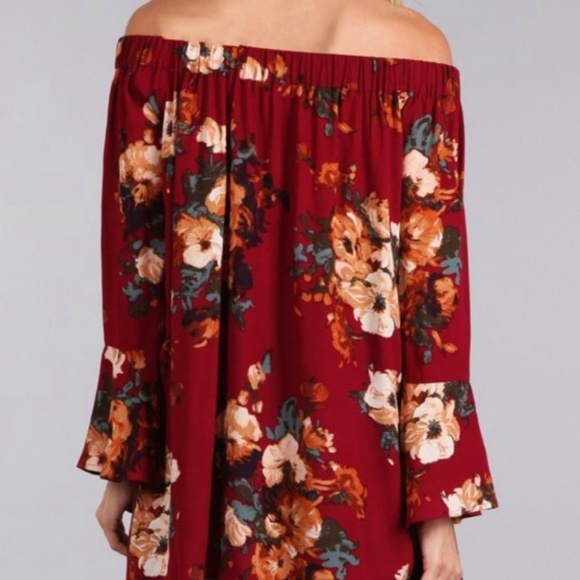 Floral Deep Red Off the Shoulder Top - Picture 2 of 2